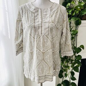 Gretchen Scott 100% Cotton Leaf Print Tunic Blouse Earthy Boho Vegan Natural Lg